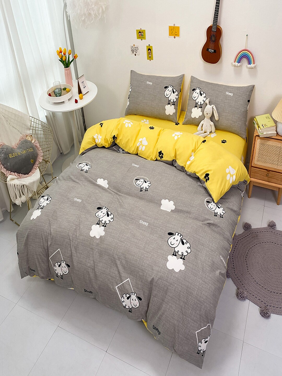 

JC Collection Grey & Yellow Printed Double King Bedding Set