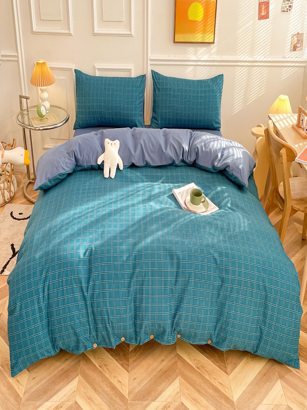 

JC Collection Green & Grey Checked Double Queen Bedding Set