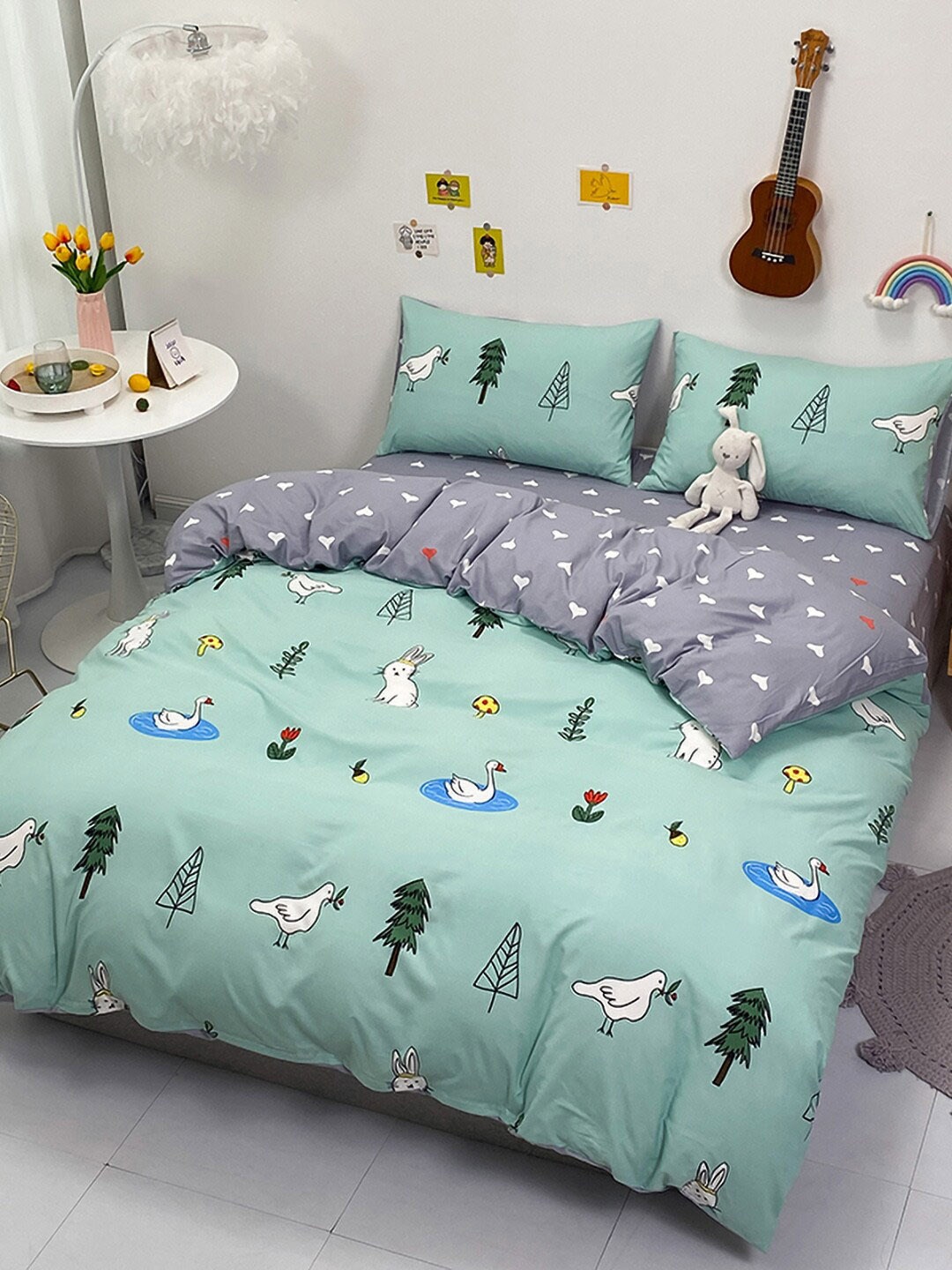 

JC Collection Lime Green & Grey Printed Double King Bedding Set