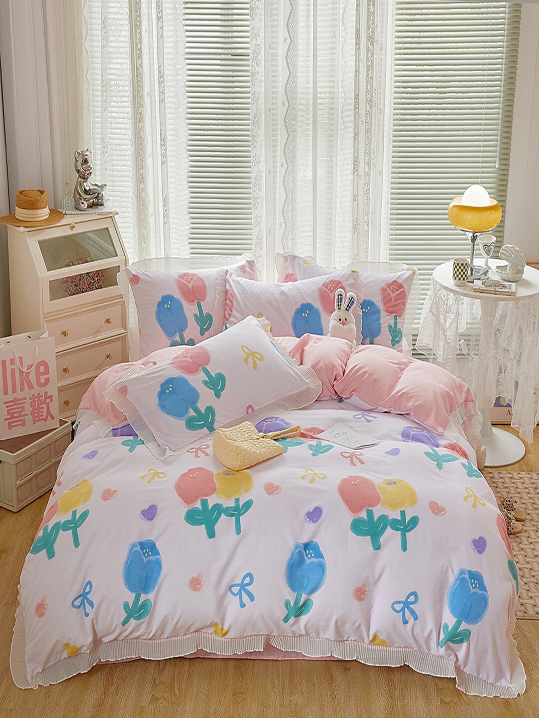 

JC Collection Pink & White Printed Cotton Single Bedding Set