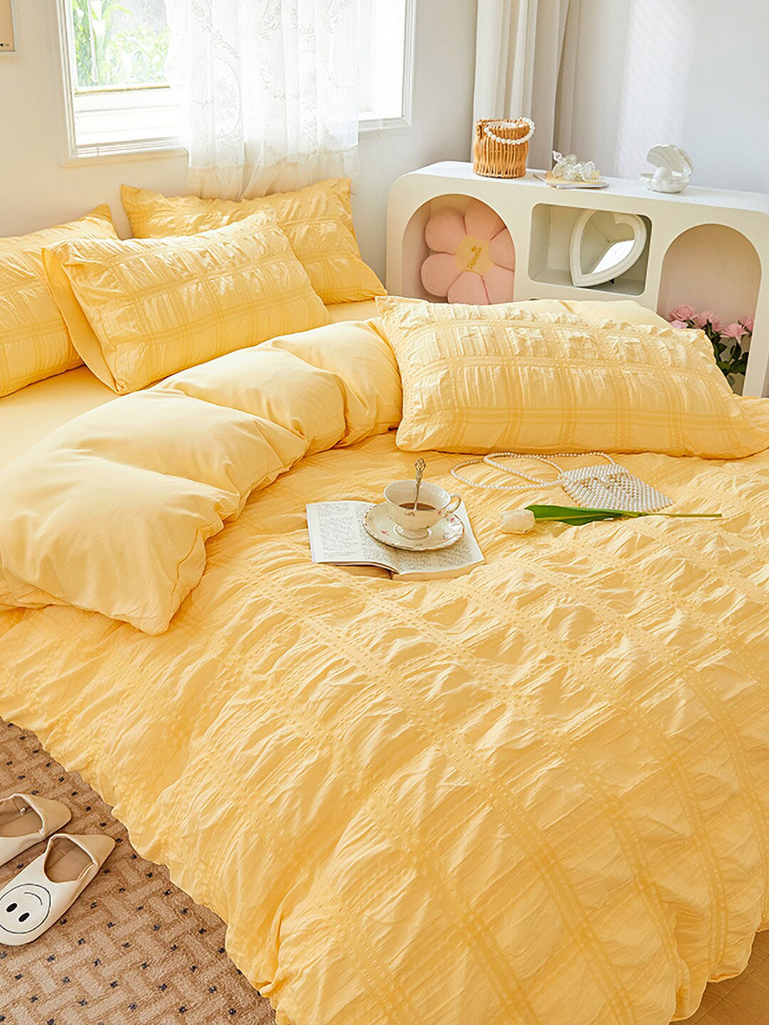 

JC HOME Yellow Checked Single Bed Bedding Set