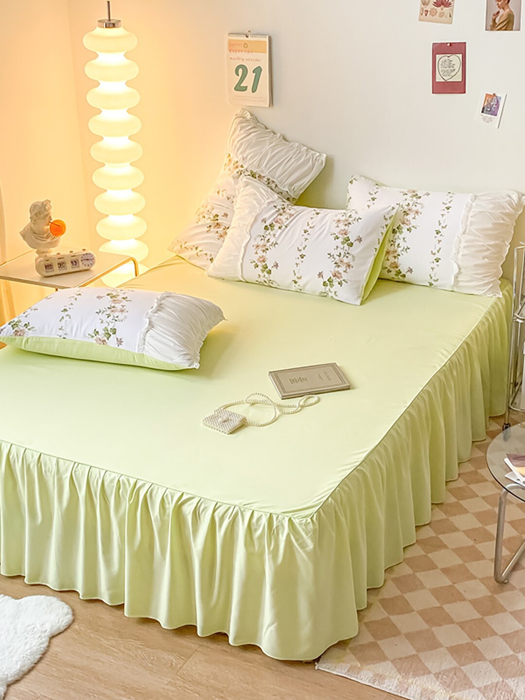 

JC HOME Green & White Floral Printed Double King Bedding Set, Lime green