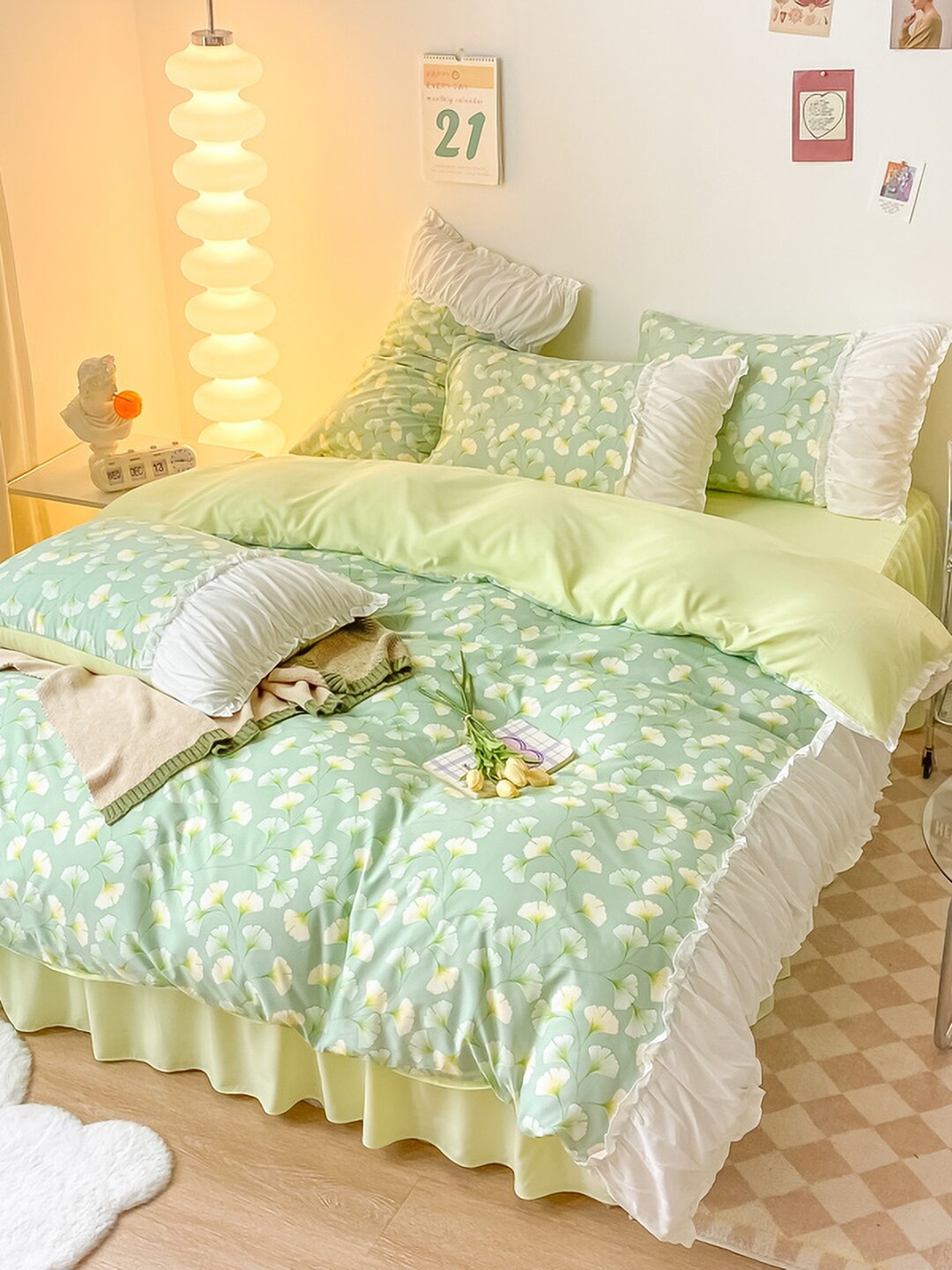 

JC HOME Green & Yellow Floral Printed Double King Bedding Set