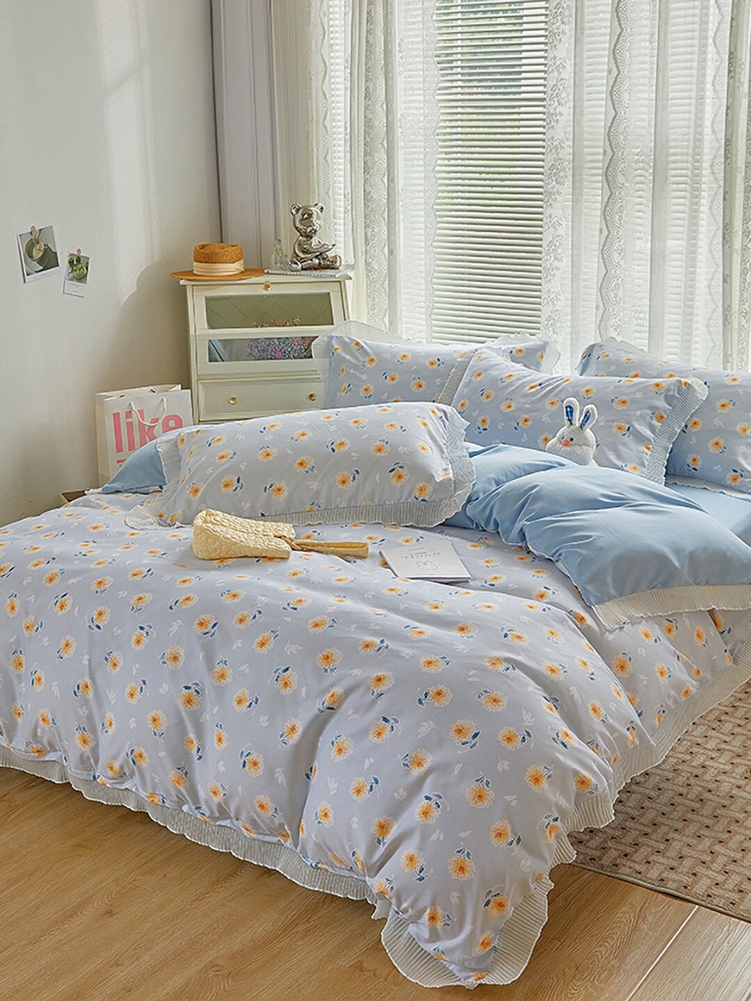 

JC Collection Blue & Orange Floral Printed Double King Bedding Set