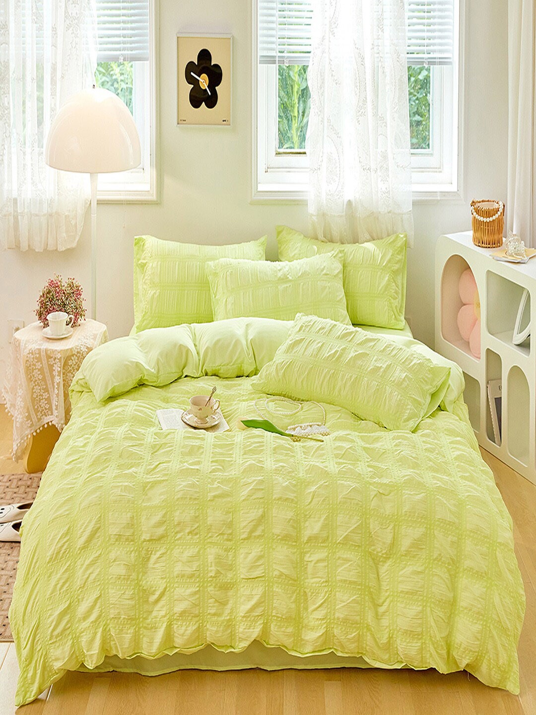 

JC Collection Green Self Design Double Queen Bedding Set, Lime green