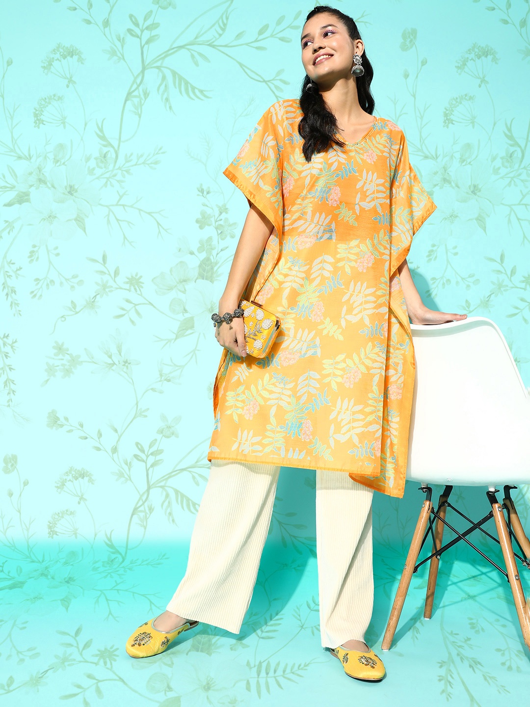 

Yufta Ethnic Motifs Printed Flared Sleeves Sequinned Kaftan Kurta, Yellow