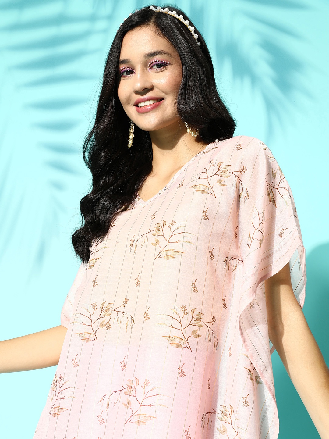 

Yufta Floral Printed Flared Sleeves Kaftan Kurta, Pink