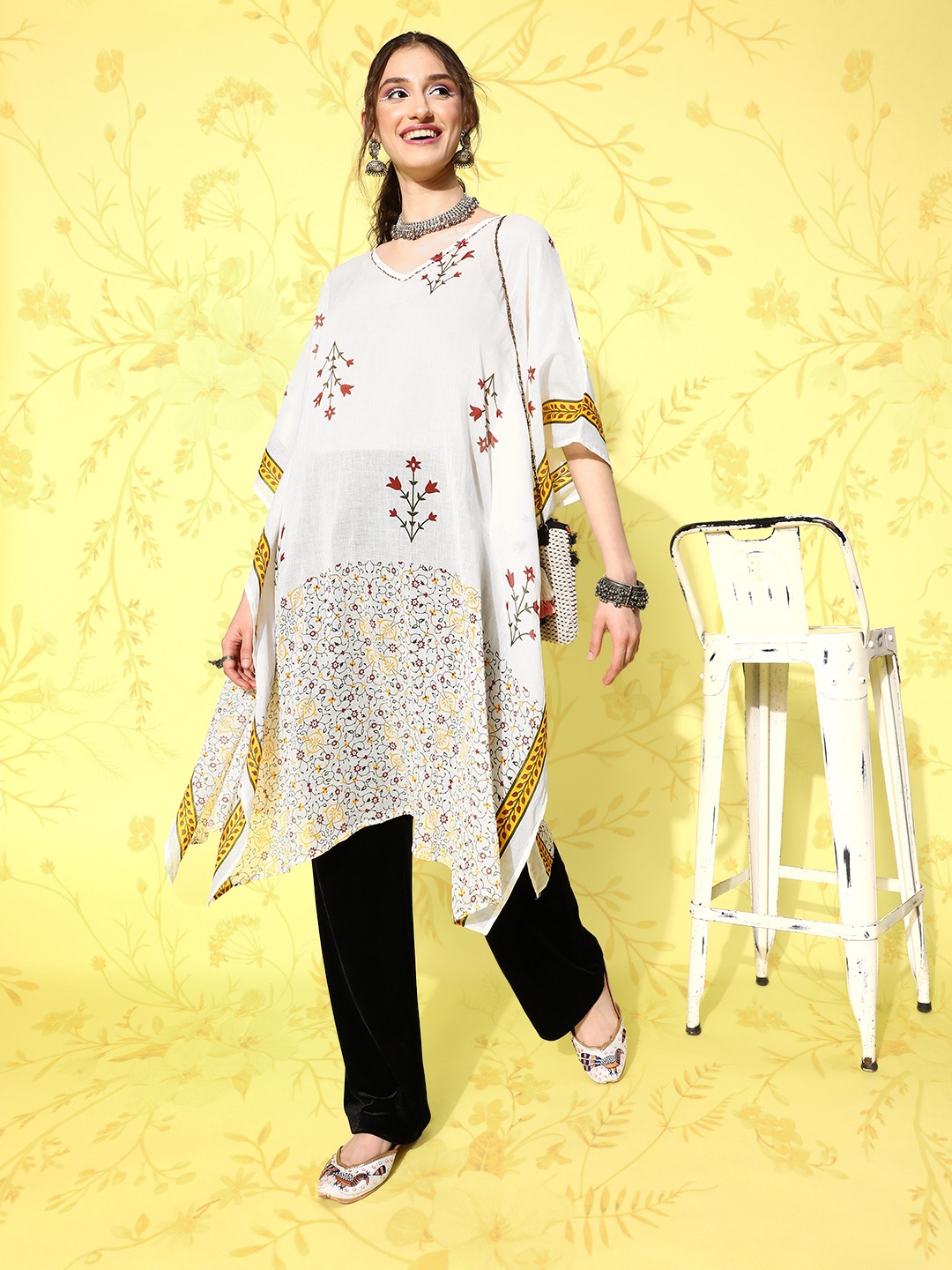 

Yufta Floral Printed Flared Sleeves Sequinned Kaftan Kurta, White