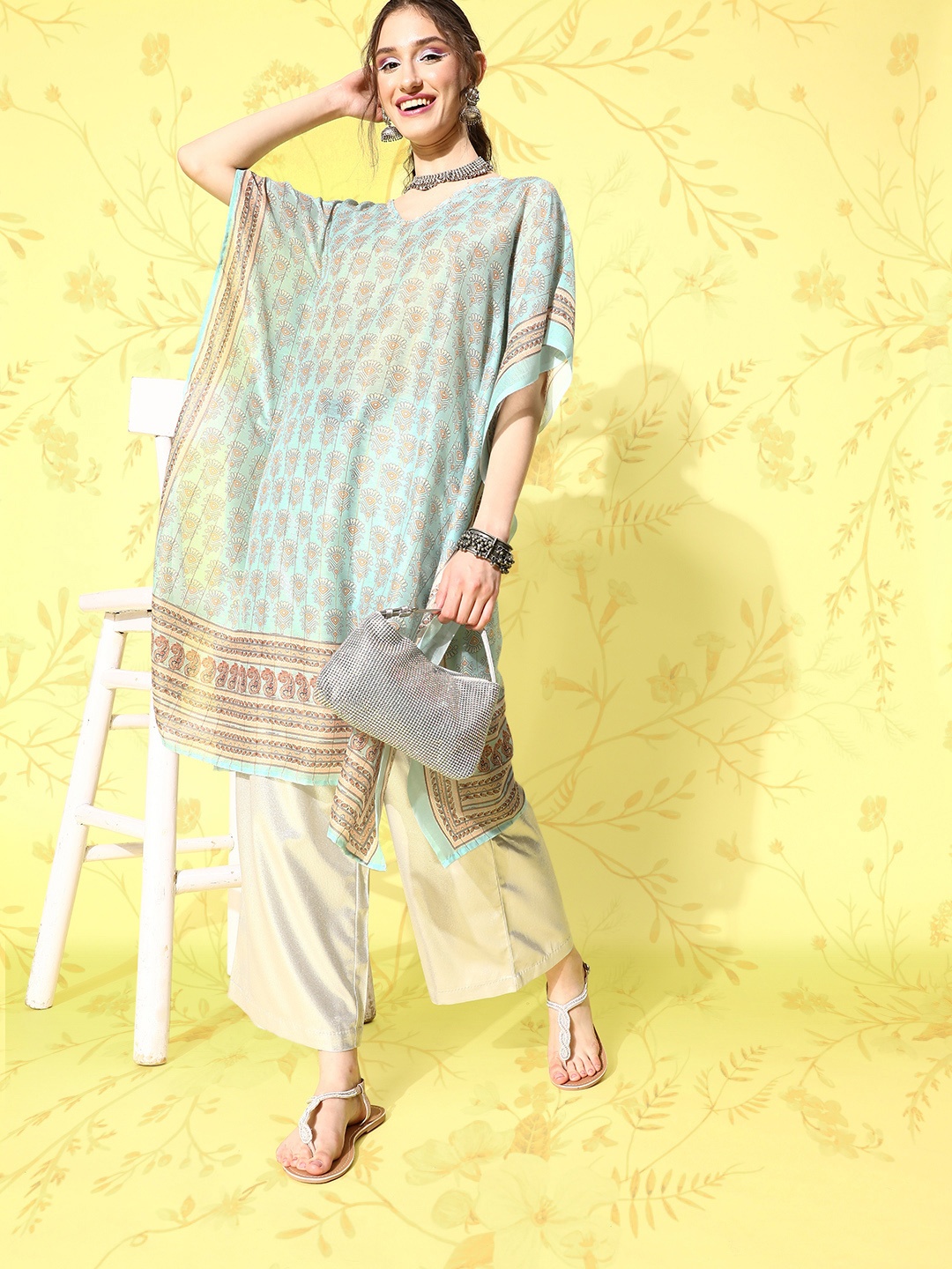 

Yufta Ethnic Motifs Printed Flared Sleeves Sequinned Kaftan Kurta, Blue
