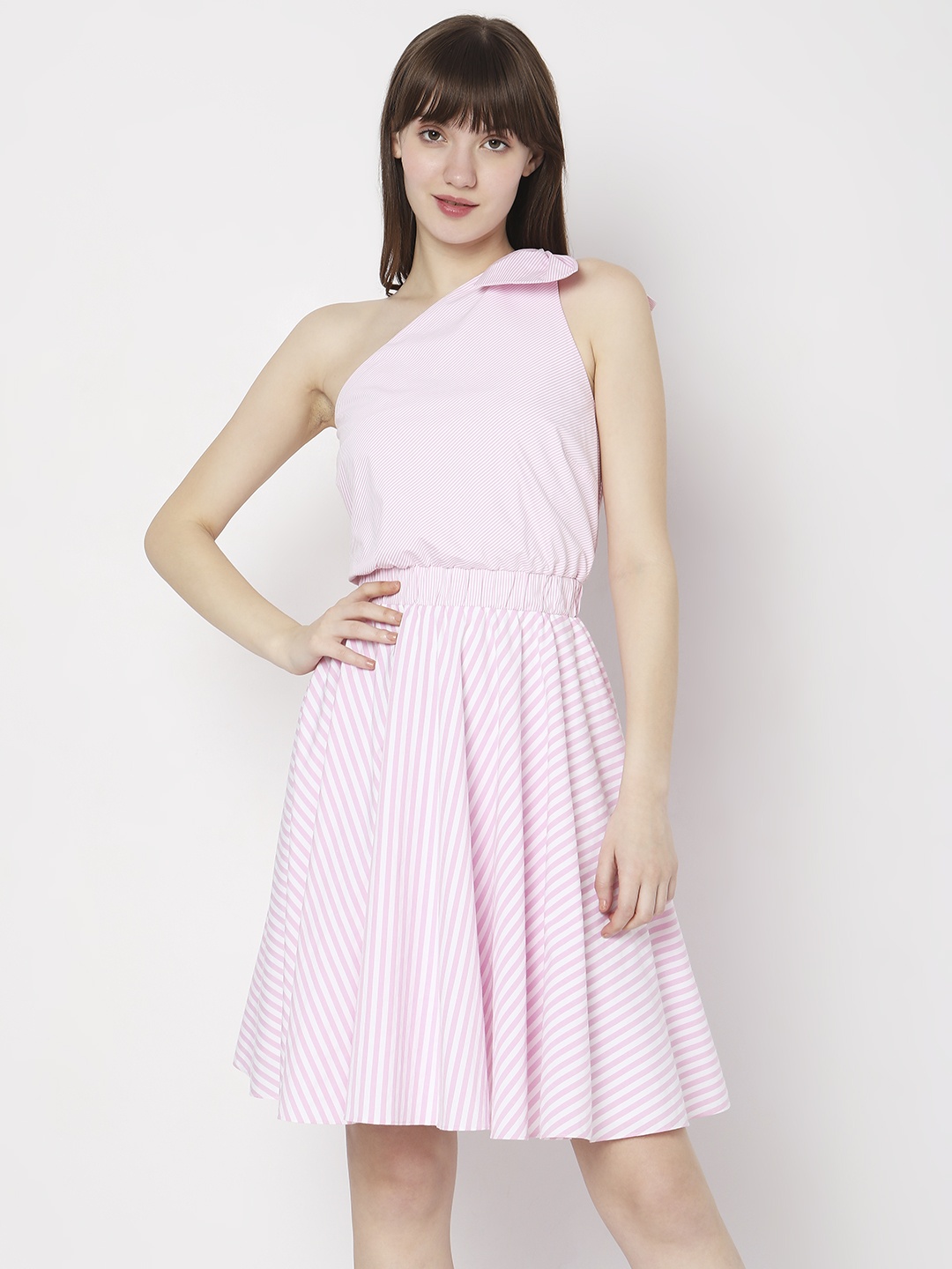 

Vero Moda One Shoulder Gathered Bow Fit & Flare Dress, Pink