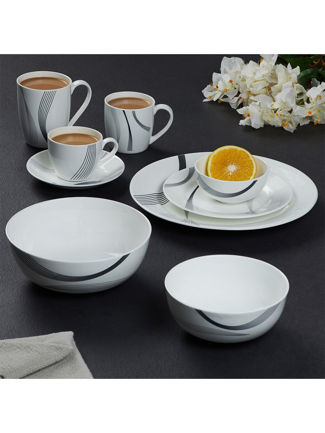 

Home Centre Lucas White & Black Printed Dishwasher Safe Bone China Serving Bowl -240ml