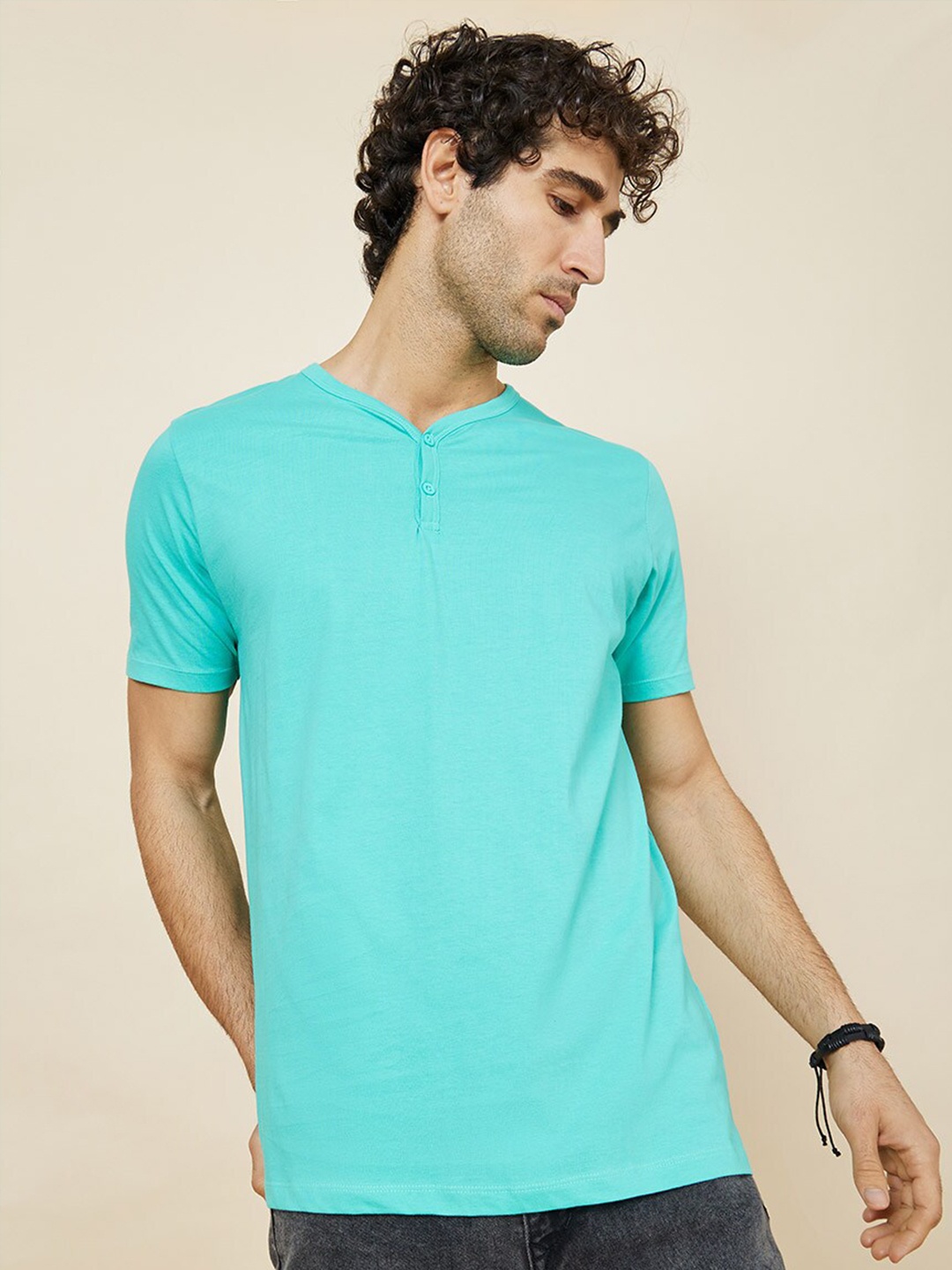 

Styli Sea Green Henley Neck Cotton T-shirt