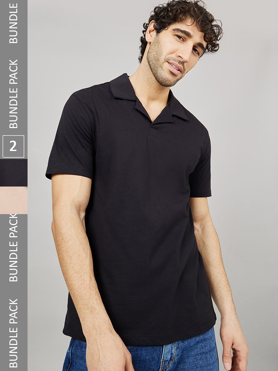 

Styli Pack of 2 Pure Cotton Solid Revere Collar Polo T-shirts, Black
