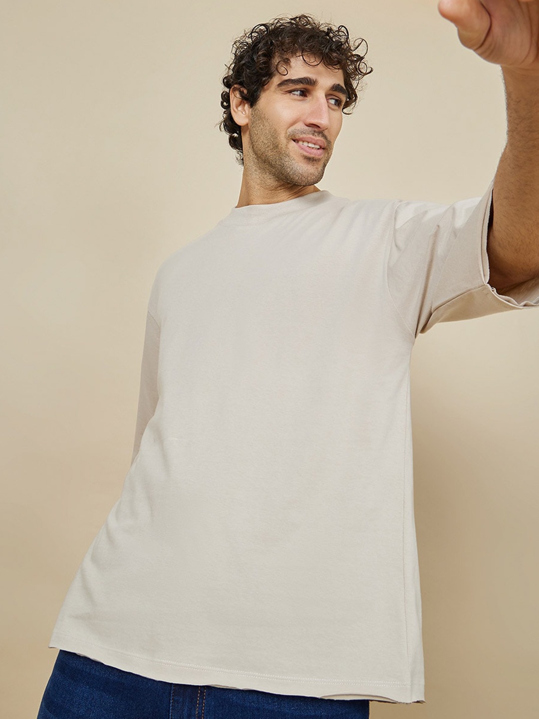 

Styli Drop-Shoulder Sleeves Cotton T-shirt, Beige