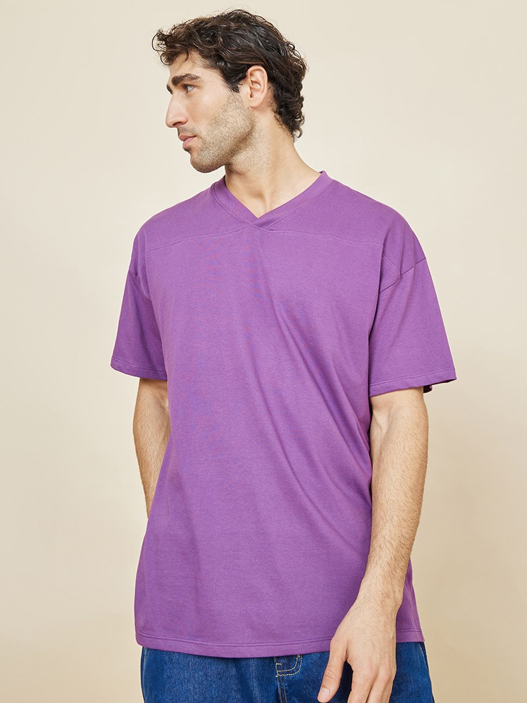 

Styli V-Neck Drop-Shoulder Sleeves Cotton Panelled Oversized T-shirt, Purple