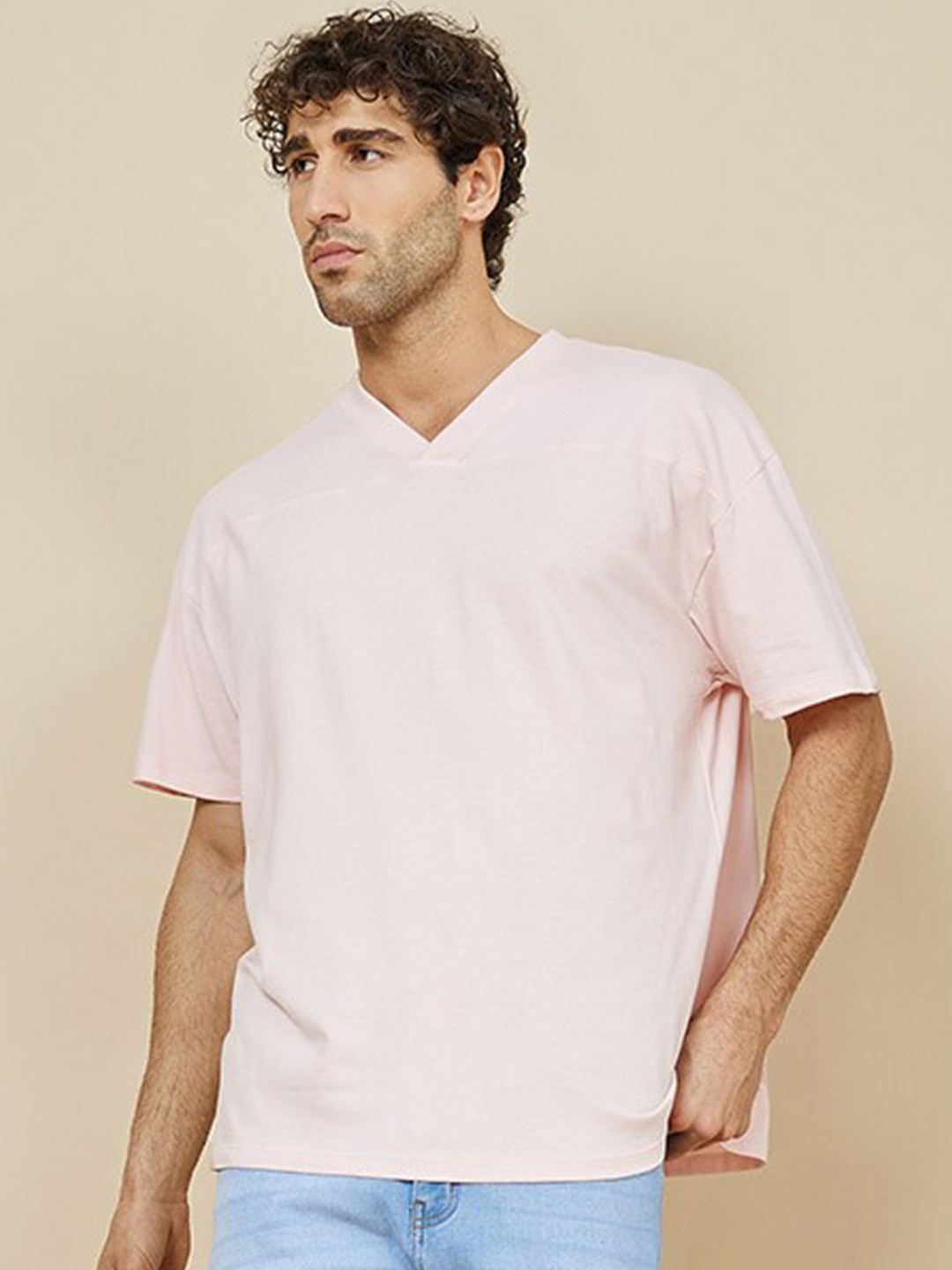 

Styli V-Neck Panel Detail Oversized T-Shirt, Peach