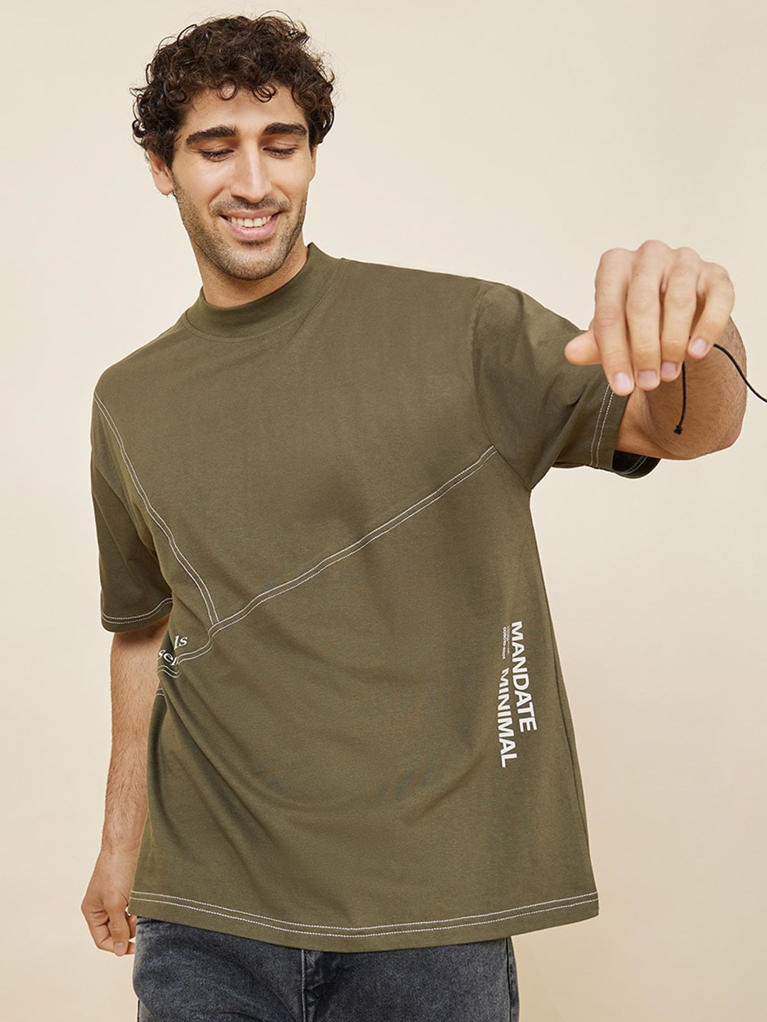 

Styli Contrast Tipping Typography Printed Ribbed Neck Boxy T-shirt, Olive