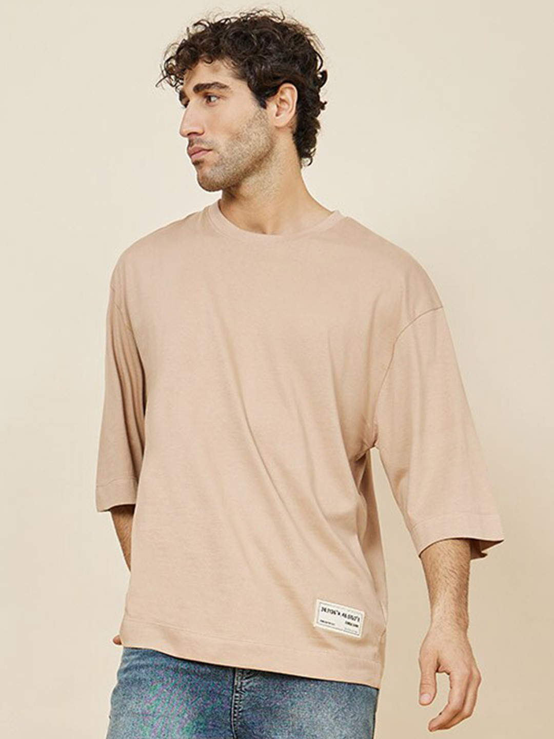 

Styli Beige Round Neck 3/4th Drop-Shoulder Sleeves Cotton T-shirt