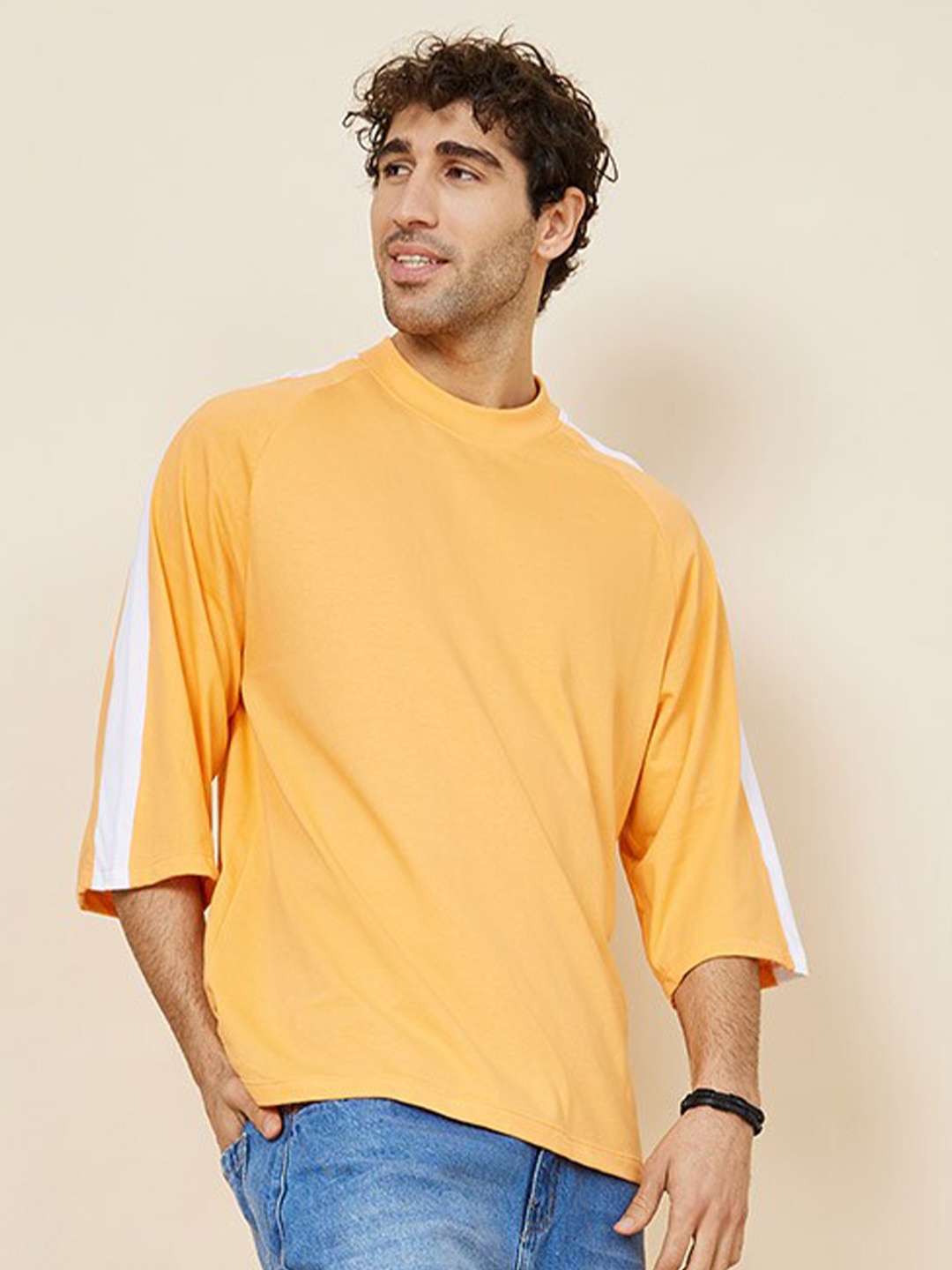 

Styli Contrast Panel 3/4 Sleeve Oversized T-Shirt, Peach