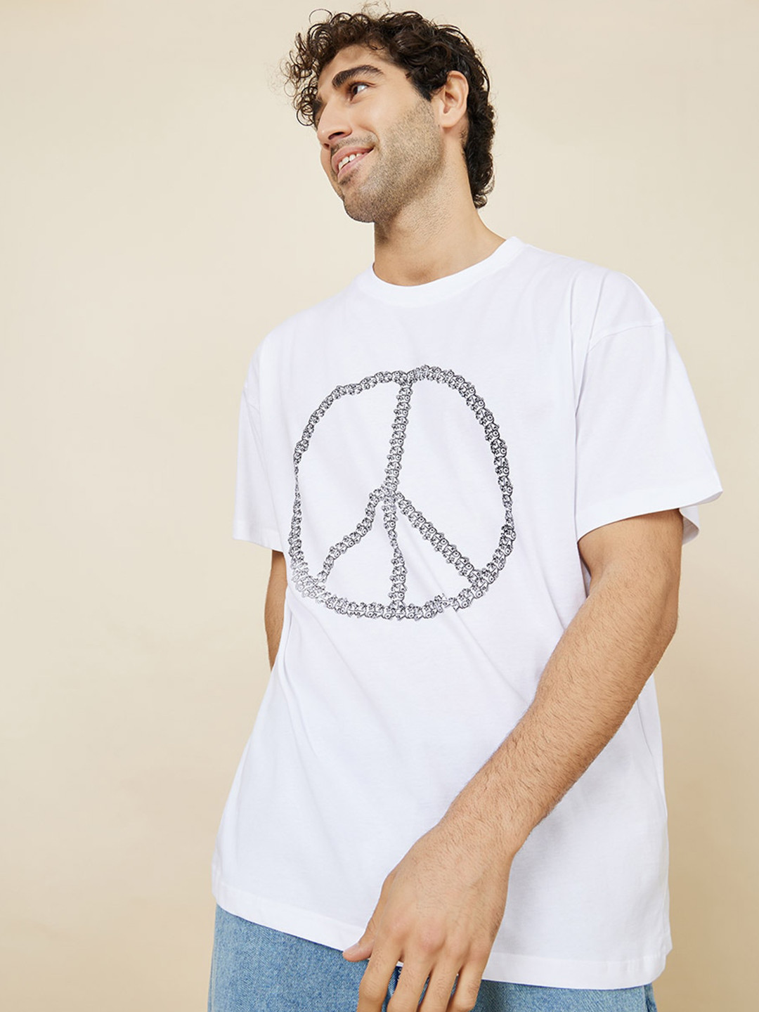 

Styli Peace Printed Drop-Shoulder Sleeves Cotton Oversized T-shirt, White