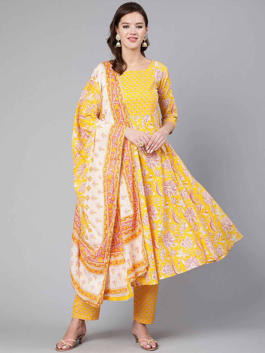 

Nayo Floral Printed A-Line Pure Cotton Kurta with Trousers & Dupatta, Yellow