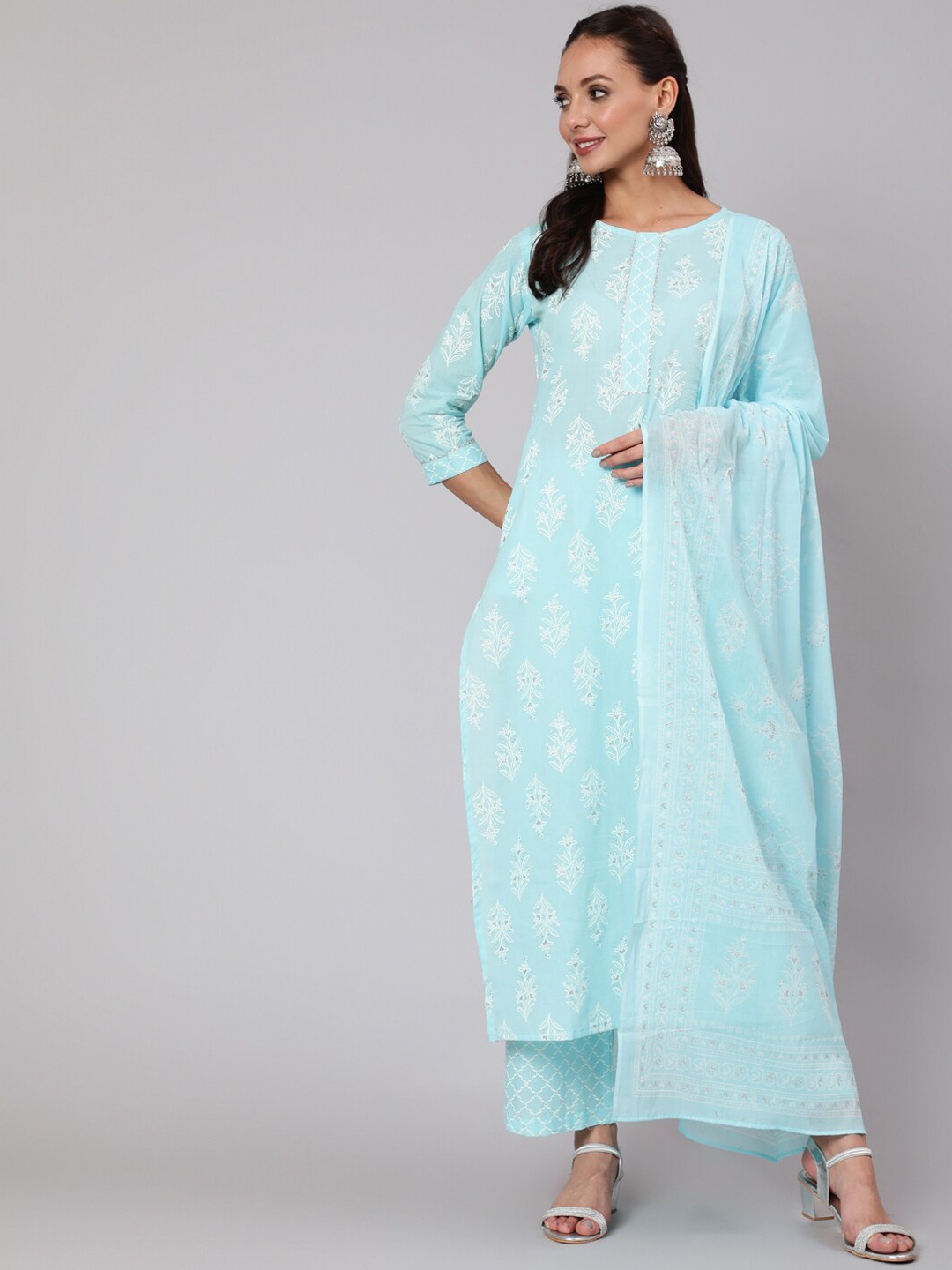

Nayo Floral Printed Pure Cotton Kurta with Palazzos & Dupatta, Turquoise blue