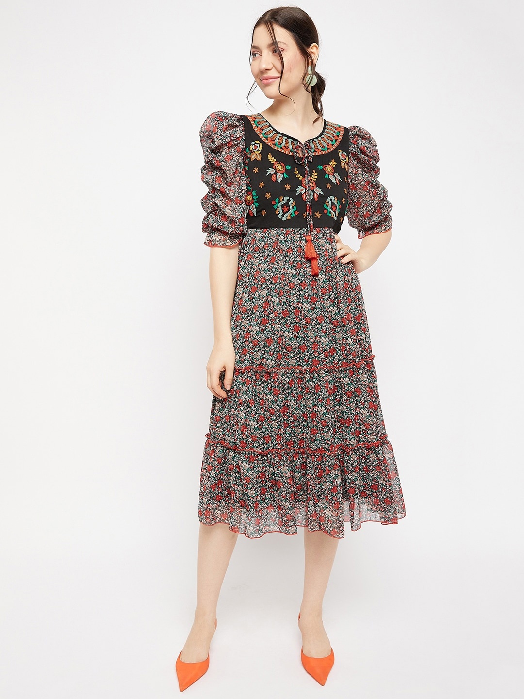 

Antheaa Tie-Up Neck Floral Printed Embroidered Tiered Chiffon Fit & Flare Midi Dress, Black