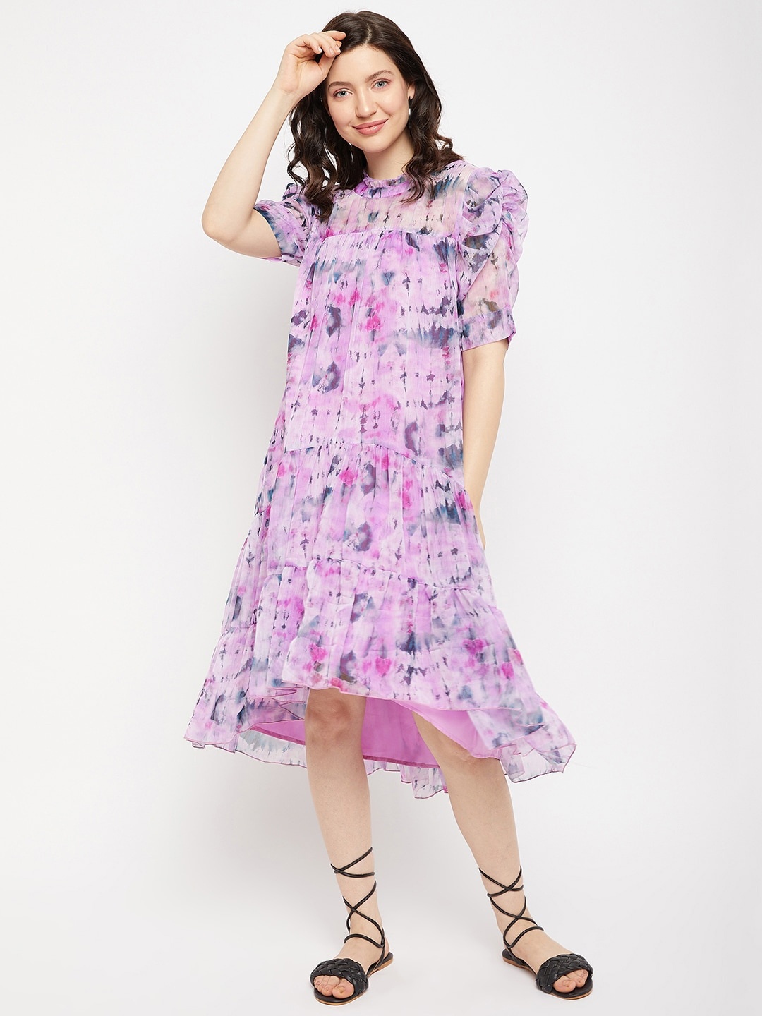 

Antheaa Floral Printed Tiered Puff Sleeves A-Line Midi Dress, Purple