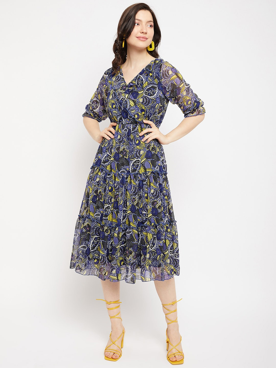 

Antheaa V-Neck Floral Printed Tiered Chiffon Fit & Flare Midi Dress, Navy blue