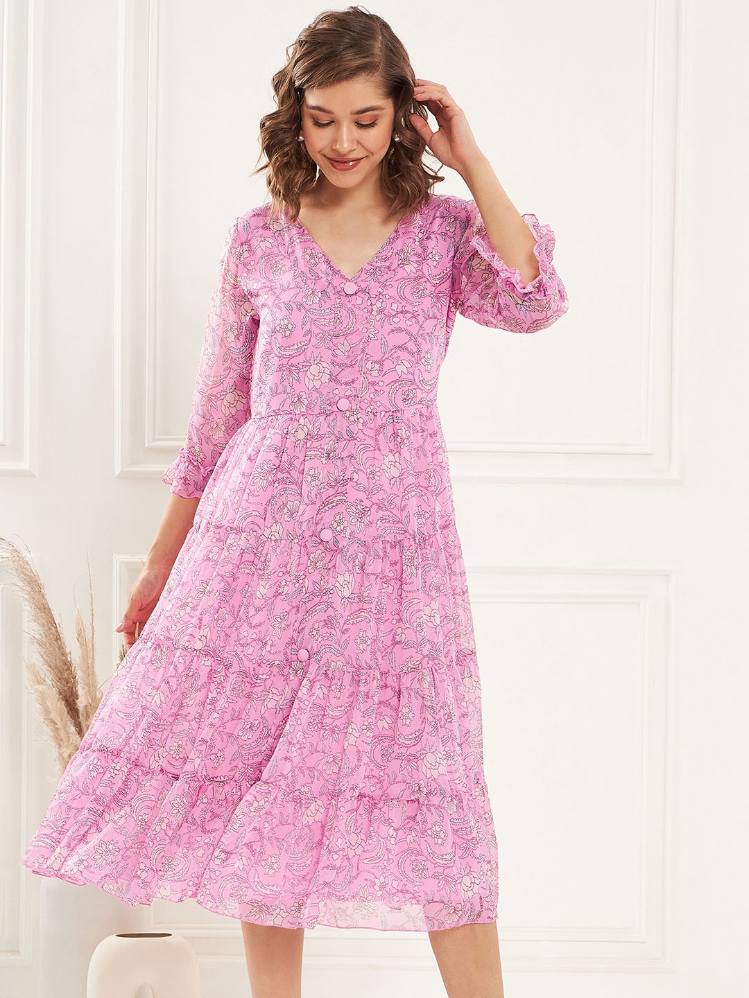 

Antheaa V-Neck Floral Printed Tiered Chiffon Fit & Flare Midi Dress, Pink