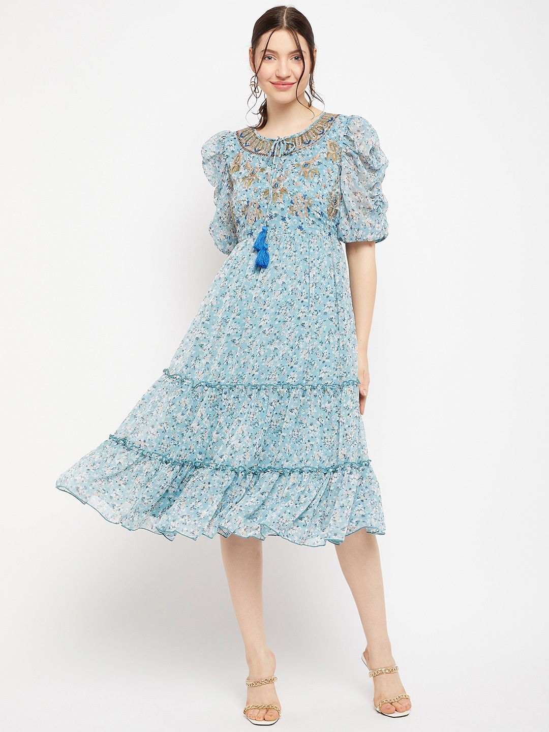 

Antheaa Floral Printed Puff Sleeve Embroidered Fit & Flare Midi Dress, Blue
