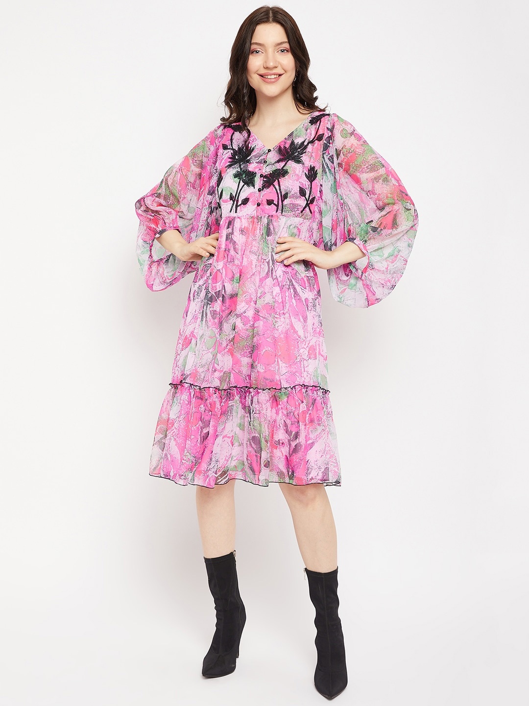 

Antheaa Floral Print Bell Sleeve Chiffon A-Line Dress, Pink