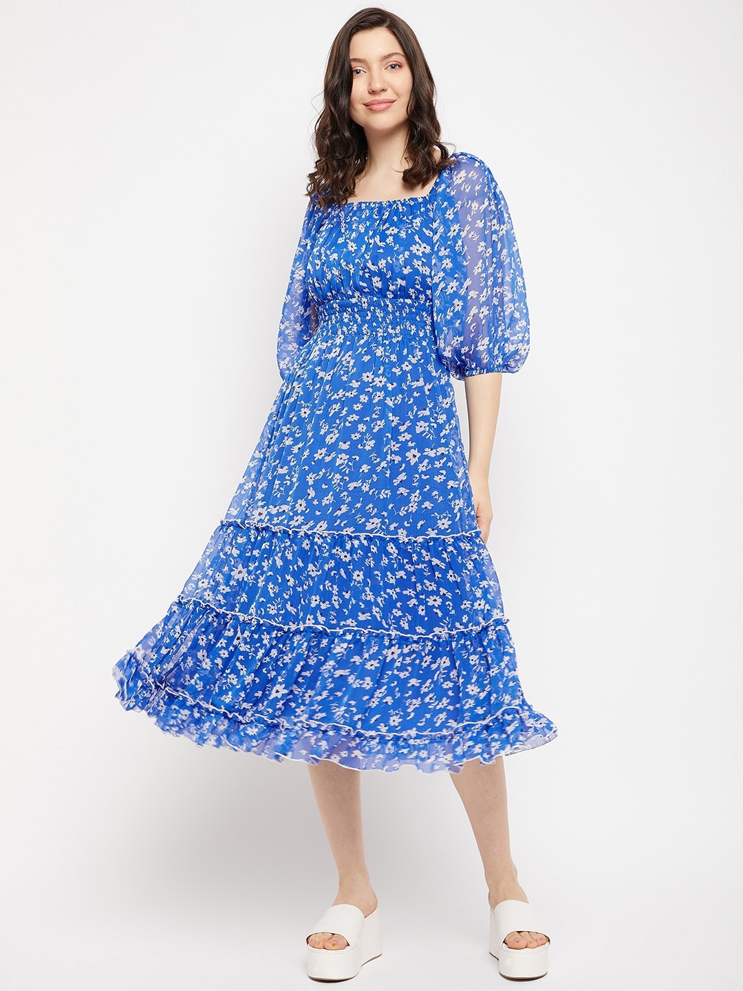 

Antheaa Square Neck Floral Printed Smocked Tiered Chiffon Fit & Flare Midi Dress, Blue