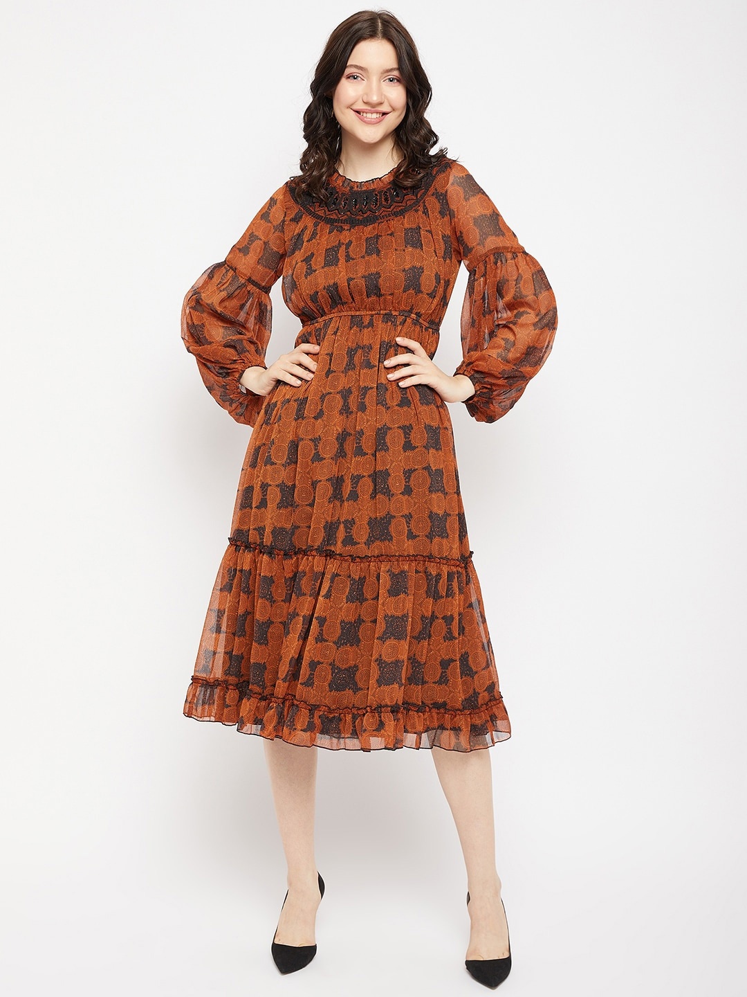 

Antheaa Round Neck Ethnic Motifs Printed Chiffon Fit & Flare Midi Dress, Rust