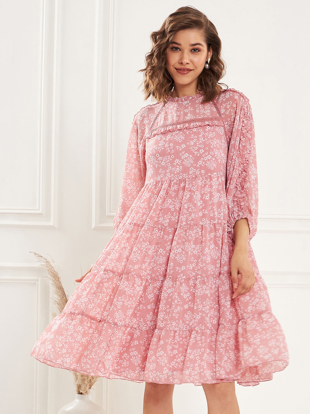 

Antheaa Floral Printed Puff Sleeve Tiered Ruffles A-Line Dress, Pink