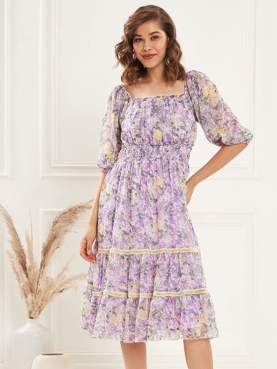 

Antheaa Square Neck Floral Printed Tiered Chiffon Fit & Flare Midi Dress, Lavender