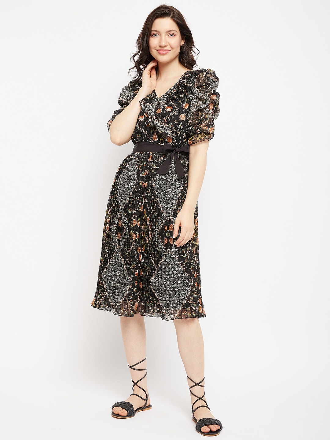 

Antheaa Floral Printed Puff Sleeve Fit & Flare Dress, Black