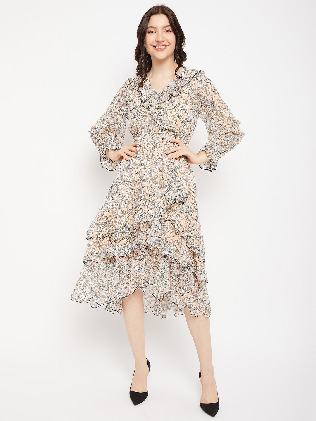 

Antheaa Floral Printed V-Neck Ruffles Fit & Flare Midi Dress, Beige