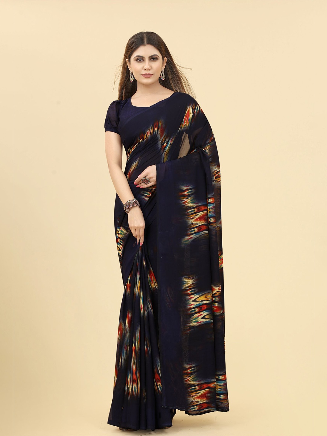 

KALINI Abstract Printed Poly Georgette Saree, Navy blue