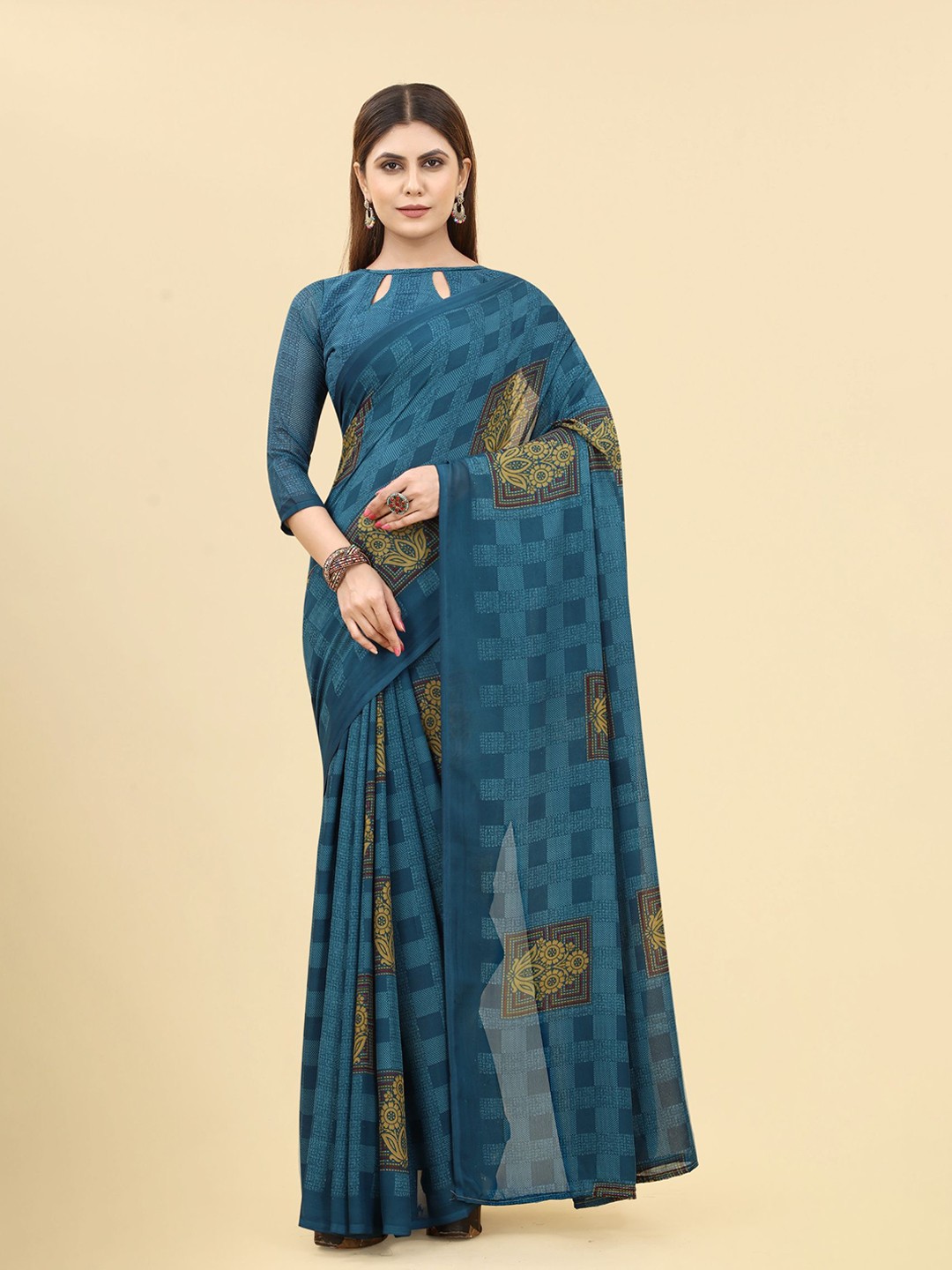 

KALINI Floral Poly Georgette Saree, Blue