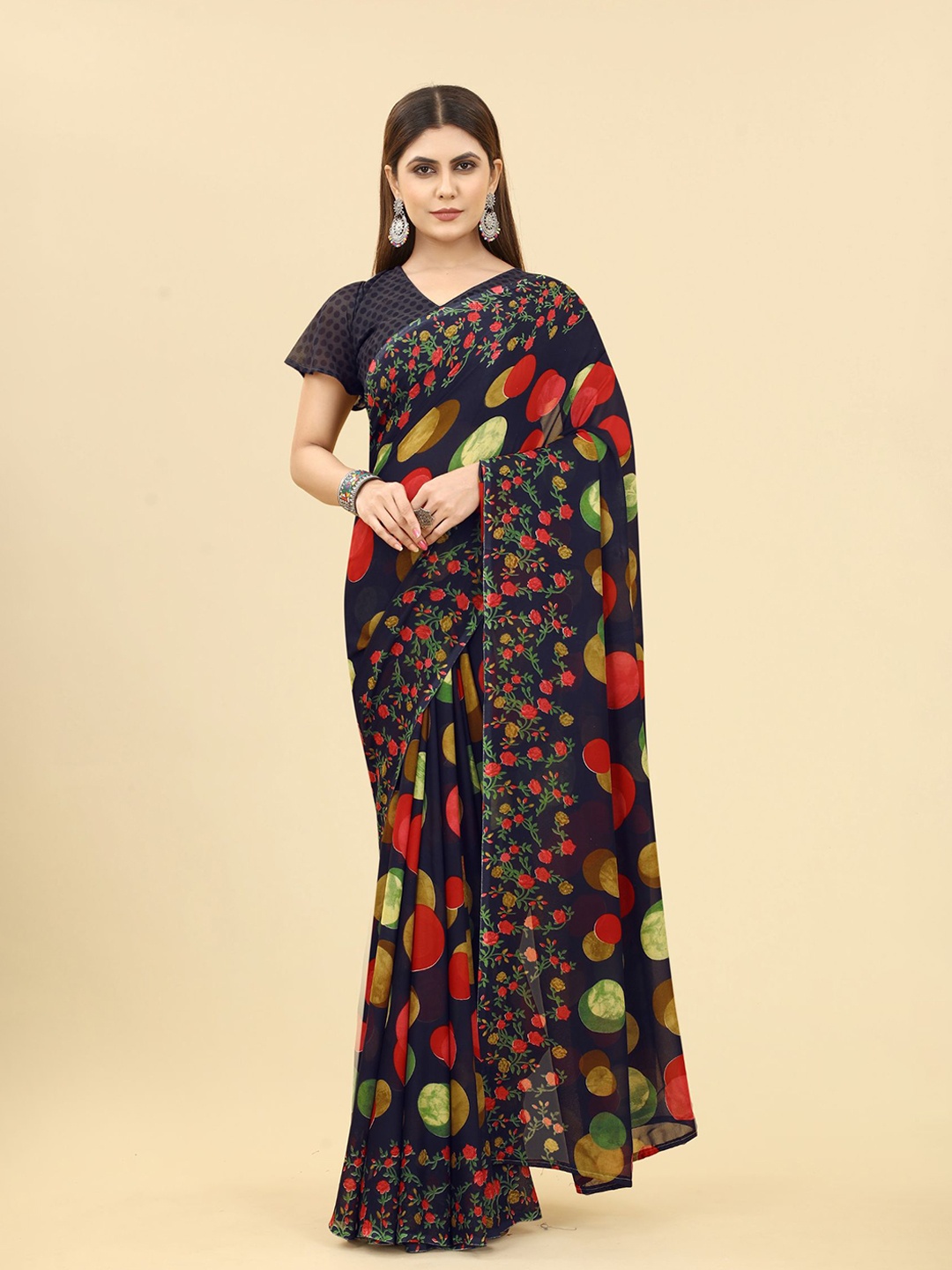 

KALINI Printed Poly Georgette Saree, Navy blue