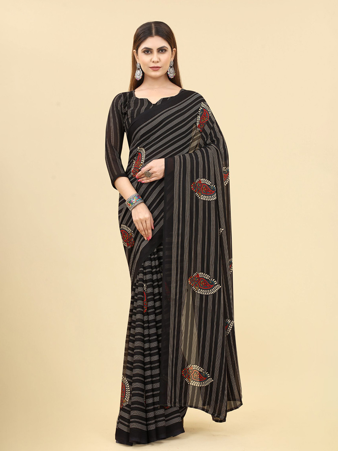 

KALINI Paisley Striped Printed Saree, Black