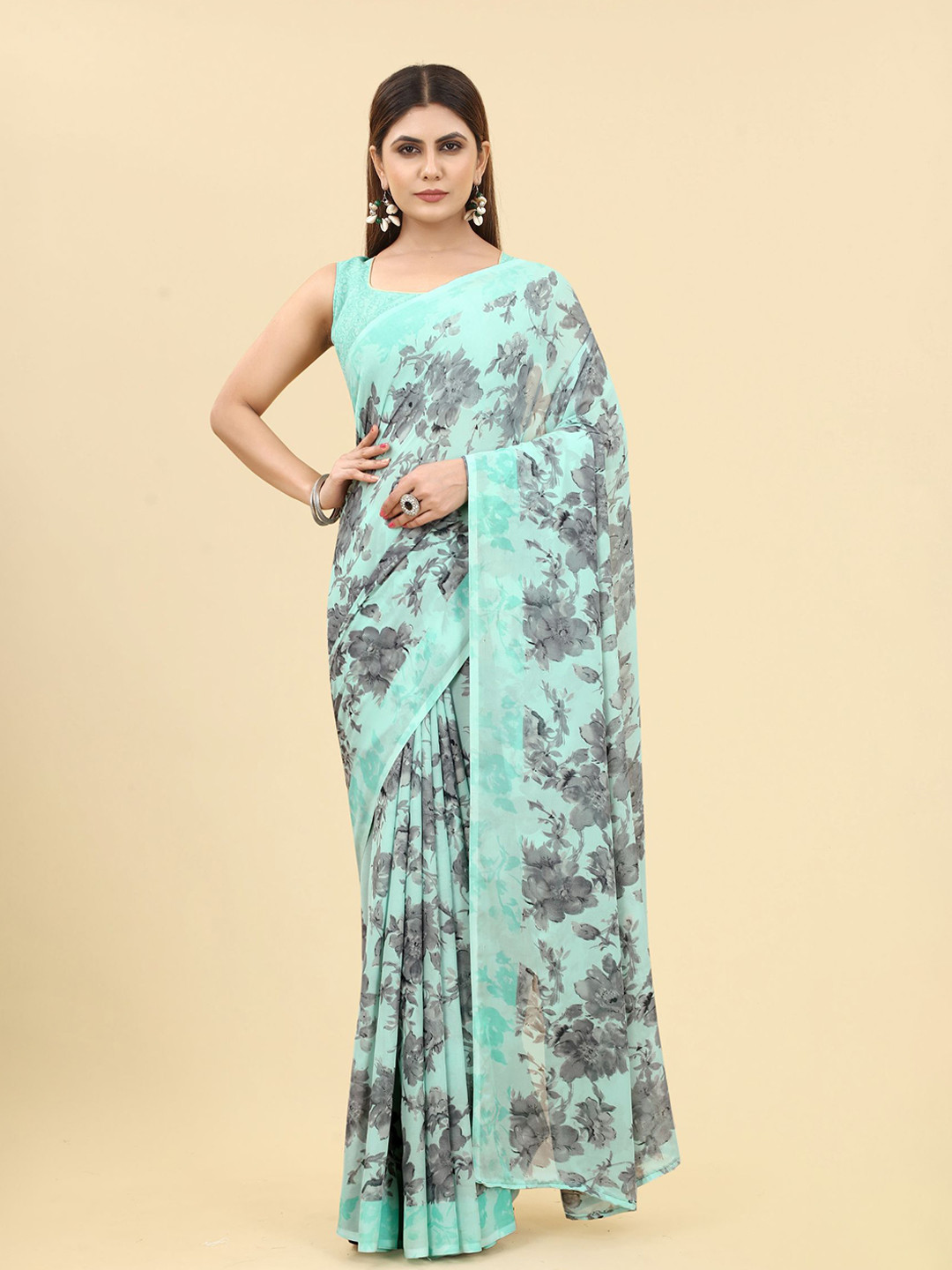 

KALINI Floral Printed Poly Georgette Saree, Blue