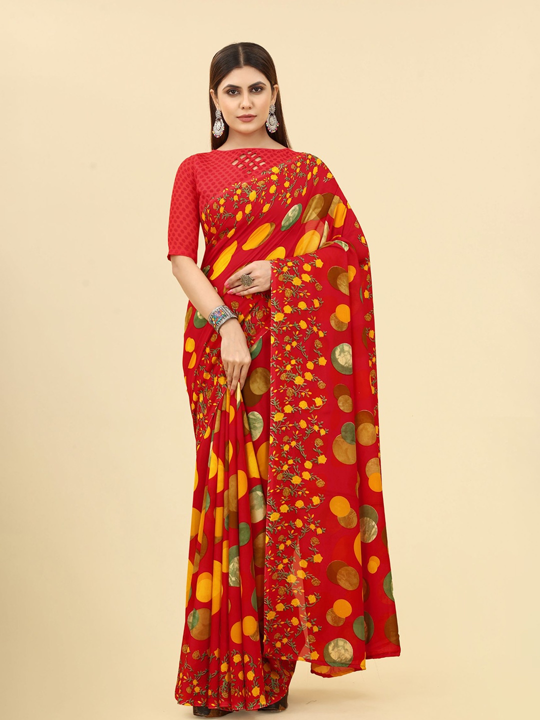 

KALINI Geometric Printed Poly Georgette Saree, Red