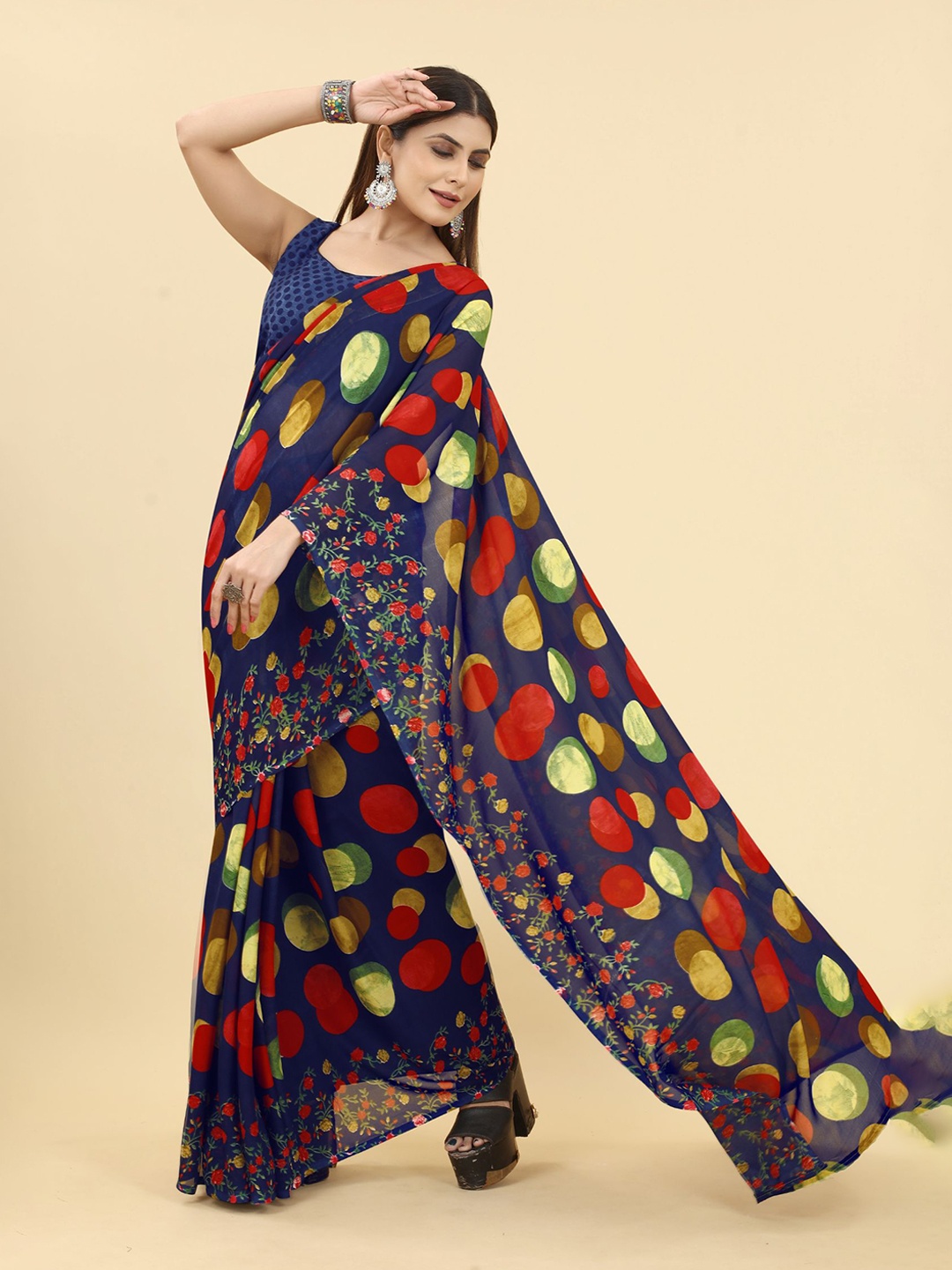 

KALINI Geometric Printed Poly Georgette Saree, Navy blue