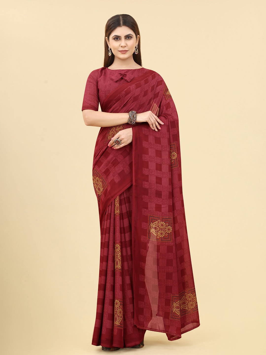 KALINI Floral Printed Poly Georgette Saree, Red