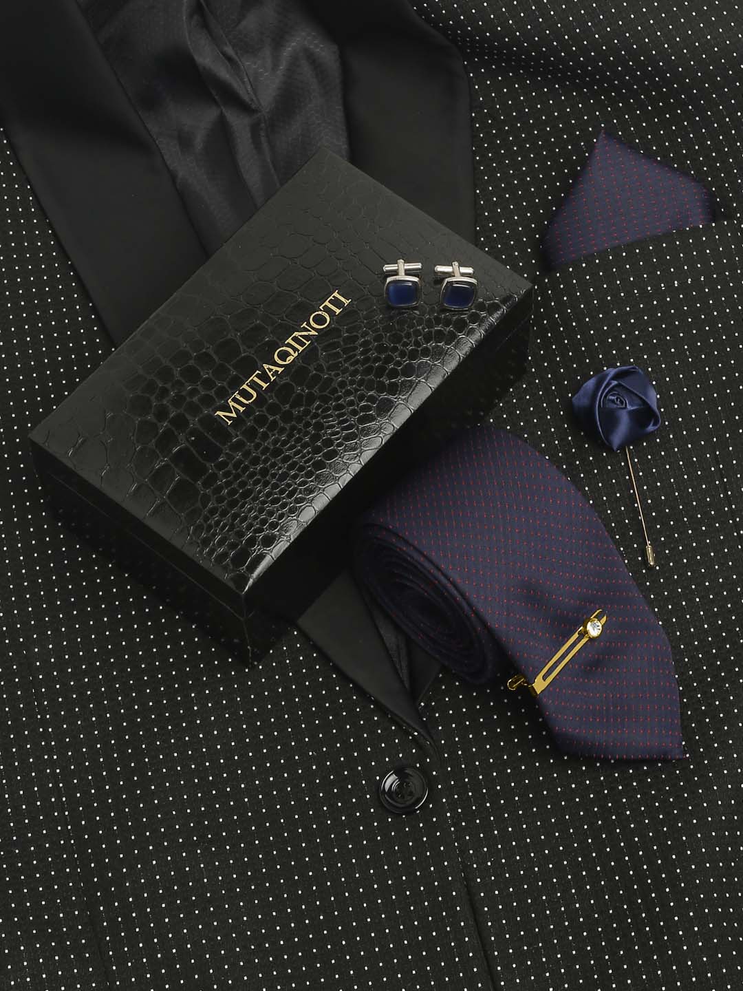 

MUTAQINOTI Men Silk Necktie Accessory Gift Set, Navy blue