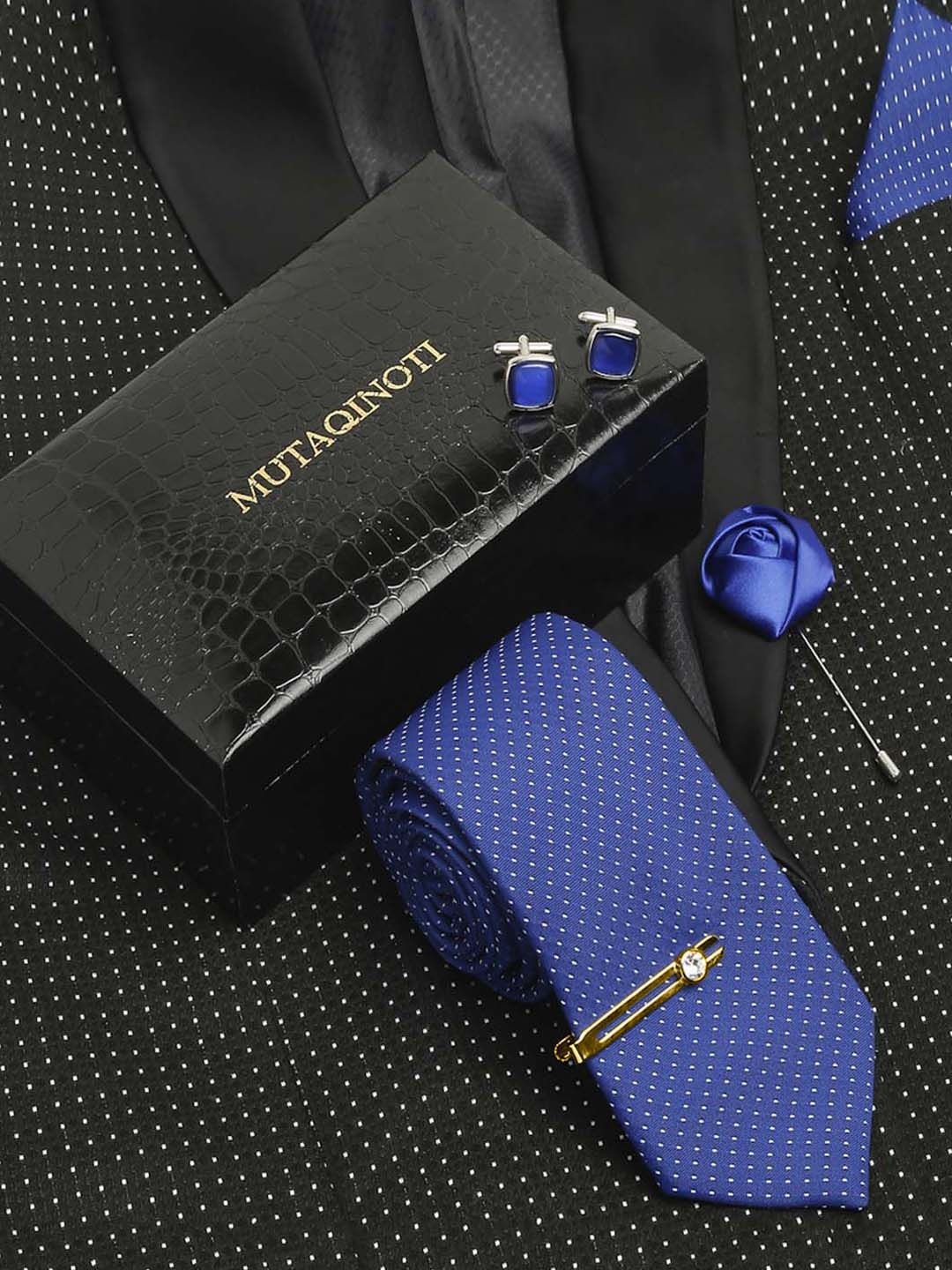 

MUTAQINOTI Men Silk Necktie Accessory Gift Set, Blue