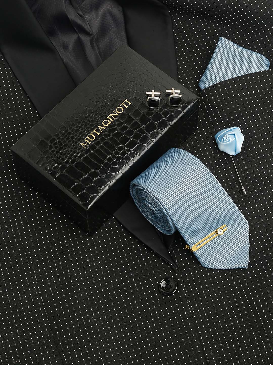 

MUTAQINOTI Men Silk Necktie Accessory Gift Set, Turquoise blue