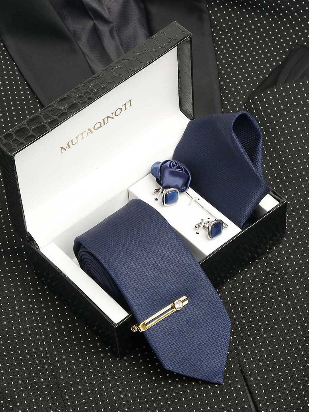 

MUTAQINOTI Men Silk Necktie Accessory Gift Set, Navy blue